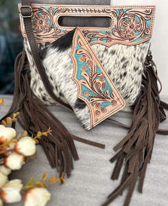 New Western Handcrafted Tooled Hair on Hide Fur Leather Handbag Women's Stylish Shoulder <b>Bag</b> <b>and</b> Wristlet <b>Purse</b> Unique Combo <b>Set</b> - Product Image 2