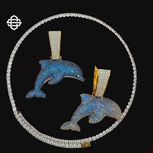 Hiphop Moissanite Iced Out Dauphin Pendentif Collier Bling Personnalisé Océan Animal Bijoux pour Hommes Femmes Or Bleu Chaîne - Product Image 4