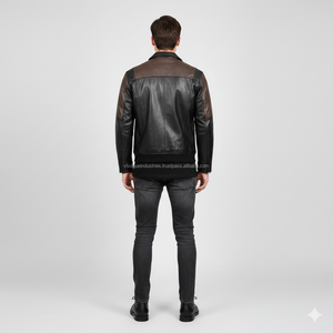 Blouson en cuir véritable et toile marron et noir vintage pour homme, col montant, style motard, décontracté, streetwear, hiver, vente en gros sur mesure - Product Image 6