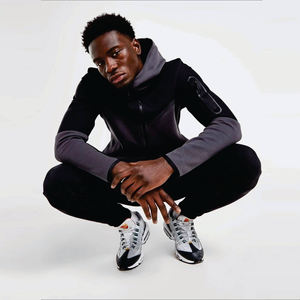 Men black and dark grey tracksuit two piece set <b>zip</b> up hoodie and <b>jogger</b> pants athletic sportswear workout training outfit - Product Image 2