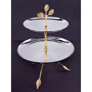 Plato de servicio de metal plateado de la mejor calidad, 2 niveles con diseño de hojas antiguas, pantalla decorativa para servir dulces y postres - Product Image 1