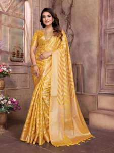 Premium Pure Organza Zari Lehariya Gold Jiri Weaving Border Banarasi Saree - Product Image 2