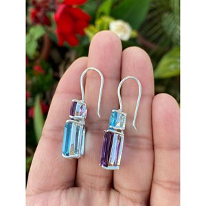 Pendientes Colgantes de Plata 925 con Topacio Azul y Amatista, Geométricos, Chapados en Oro Rosa, con Esmeralda, Perla y Diamante como Piedras Principales, para Bodas y Fiestas - Product Image 5