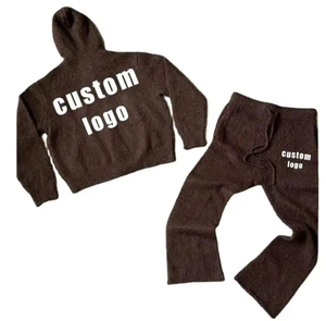 Sudadera con capucha informal y pantalones de chándal con logotipo personalizado, chándal de 2 piezas de felpa francesa, sudadera desgastada de gran tamaño - Product Image 2