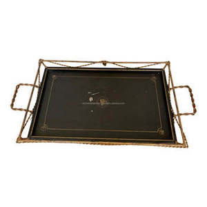 Modern <b>Black</b> Metal <b>Serving</b> <b>Tray</b> with Wire Border and Handle Perfect for Elegant Food <b>Serving</b> and Stylish Kitchen Decorations - Product Image 1
