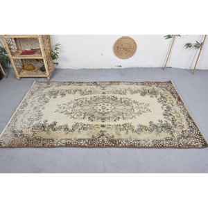 Alfombra de lana tradicional Vintage, diseño de retazos beige y marrón, hecha a mano, respaldo de látex rectangular de 3,9x6,8 pies para pasillo y sala de estar - Product Image 3