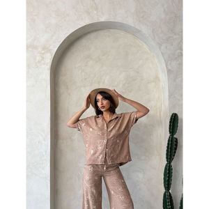TOPSHOW Wholesale Light Brown Embroidered <b>Linen</b> Shirt for Women, Casual Long Sleeve Blouse with Unique Pattern DSN2 - Product Image 3