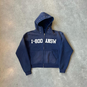 Sweat à capuche en coton de qualité supérieure sans cordon, imprimé à l'écran avec des strass, streetwear personnalisé pour homme, logo OEM, sweat à capuche zippé décontracté - Product Image 4
