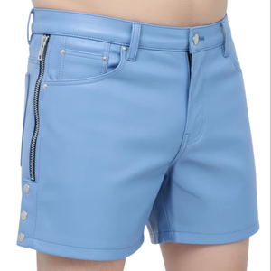 Shorts décontractés pour hommes en cuir véritable, couleur unie, avec fermeture à boutons à la taille et fermeture éclair latérale - Product Image 1