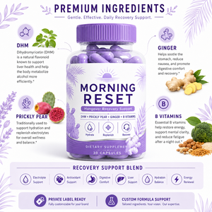 Cápsulas <span class=keywords><strong>para</strong></span> <span class=keywords><strong>la</strong></span> Recuperación de <span class=keywords><strong>la</strong></span> <span class=keywords><strong>Resaca</strong></span> Morning Reset, DHM, Opalo, Jengibre, Vitaminas <span class=keywords><strong>B</strong></span>, Hidratación, Repuesto de Nutrientes, Marca Privada - Product Image 5