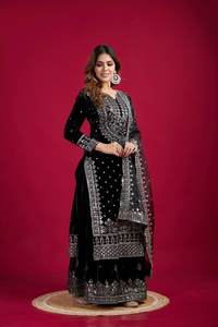 DESIGNER VISCOSE VELOURS BRODERIE SÉQUENCE TRAVAIL TOP SHARARA AVEC DUPATTA NOIR - Product Image 5