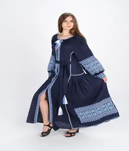 Premium Designer Long Linen Dress For Women Ancient Ukrainian Symbolism Woven Into Stylish Clothes Of An Exclusive Collection