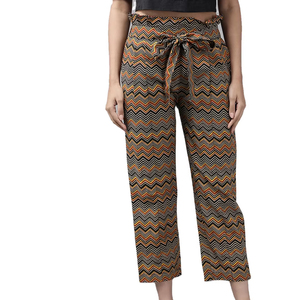 Femmes été coton flammé pantalons décontractés taille élastique mi solide coupe régulière plat avant conception non tissé tissage saisonnier toile - Product Image 1
