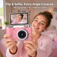 Appareil photo numérique à écran rabattable 4K, 6 couleurs macaron, texture cuir, caméra selfie OTG