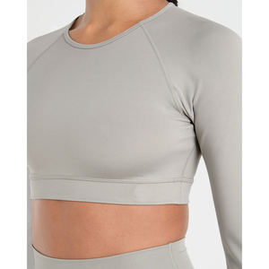 Custom Premium Washed Olive Women <b>Staple</b> Long Sleeves Crop Top 4 way Stretch Lightweight Fitness Workout Crop Top Tees for Women - Product Image 4