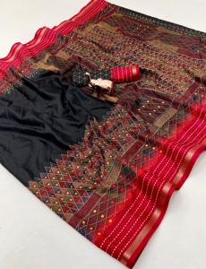 Sari de seda estampado con bordado de hilo katha para mujer, sari de seda estampado para fiestas, sari de seda crepé Binny - Product Image 3