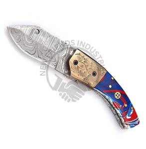 Portable Handmade Damascus Steel Folding Pocket Knife Engrave Brass Bolster Resin Handle-Multi-Functional Camping EDC Knife - Product Image 4