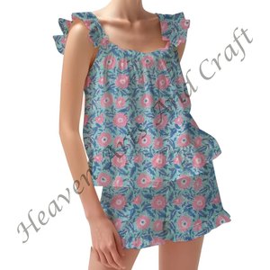 Block Printed Shorts PJ Sets | Bohemian Floral PJs | Boho Spring/Summer Floral Fitted Strappy Ruffle <b>Trim</b> Sleeves PJ Set - Product Image 5