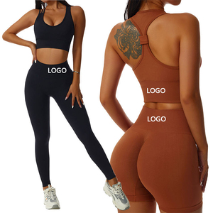 Ensemble de leggings et soutien-gorge de sport sans couture à taille haute pour femme, avec bretelles spaghetti, décoration en maille, respirant, en Spandex/Nylon, maintien élevé - Product Image 3