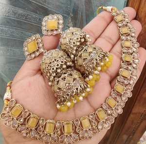 สร้อยคอเพชรสไตล์อเมริกันแบบย้อนกลับคุณภาพพรีเมี่ยมพร้อมต่างหูที่สวยงามสร้อยคออินเดียแบบดั้งเดิมพร้อม Jhumkas สำหรับผู้หญิง - Product Image 1