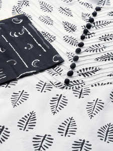 Women's Casual Cotton Floral <b>Printed</b> Straight Kurta <b>Palazzo</b> Dupatta Set Ankle-Length with <b>White</b> Black Pattern Decoration - Product Image 2