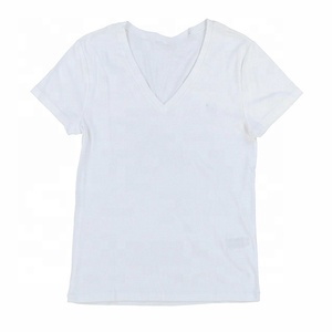 Camisetas informales de media manga con cuello en V para mujer, camisa bordada con logotipo de impresión personalizada, 100% algodón/poliéster - Product Image 5