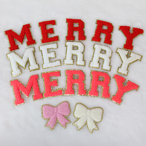 Factory Low MOQ Festival Merry Letters Iron on Gold Glitter Chenille Patches - Product Image 1