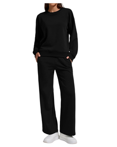 Sweat-shirt à épaules tombantes 2 pièces-Ensemble de jogging-Pantalon à capuche long en toile confortable-Pantalon à boutons-Top pour femmes - Product Image 1