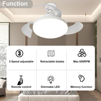 Ventilateur de Plafond LED Dimmable Moderne TCL avec Lames Rétractables Invisibles, 3 Vitesses, Culot E27, Ampoule et Télécommande pour Maison et Bureau
