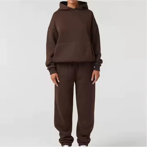 Survêtement à capuche marron pour femme, manches longues, couleur unie, décontracté, pour l'automne, 100% coton, coupe ample avec poches latérales - Product Image 2