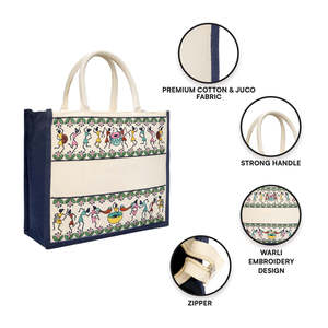 Handmade Summer Tribal Beats Embroidered Hamper <b>Bag</b> Navy Blue <b>Large</b> Capacity Jute <b>Canvas</b> Tote <b>Bag</b> For Corporate Gifting Item - Product Image 4
