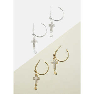 Boucles d'oreilles pendantes tendance vintage en strass avec croix, en alliage plaqué or, avec perle et pierre de poire, style religieux - Product Image 1