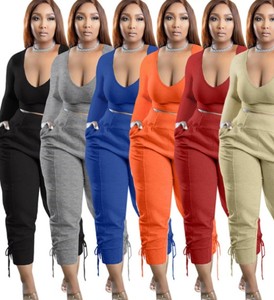 Vêtements pour femmes décontracté à manches longues haut court taille haute pantalon à cordon ensemble de pantalons deux pièces - Product Image 5