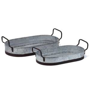 Ensemble de 2 plateaux de service ronds en aluminium galvanisé, écologiques, style bohème, vaisselle durable - Product Image 1