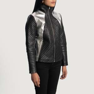 Alia Autumn Biker <b>Jacket</b> in Metallic Black Satin Quilted Sheep Skin Custom Logo Bomber/Varsity/Western Style Short Length <b>Blazer</b> - Product Image 2