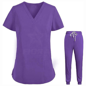 Cómodos juegos de fregado de hospital con tela de sarga duradera Enfermera Trabajo médico Juego de fregado de higo con manga corta Conjunto de fregado de mujer Top - Product Image 1