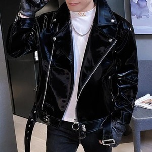 Veste en cuir pour homme Veste en cuir de moto avec poche zippée Veste d'automne à paillettes style coréen Vêtements unisexes pour homme - Product Image 4