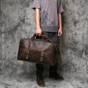 Genuine Leather Foldable Portable Weekender <b>Duffel</b> <b>Bag</b> Zipper Closure Durable Vintage Style Large Capacity Waterproof Travel - Product Image 3