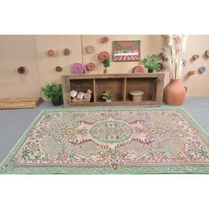 Tapis traditionnel en laine vert rose 5.6x8.4 pieds Vintage turc Aubusson Design Patchwork motif pour salon décor 9x12 Latex - Product Image 1