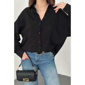<b>Black</b> Embroidered Oversize <b>Shirt</b> - <b>Black</b> - Product Image 3