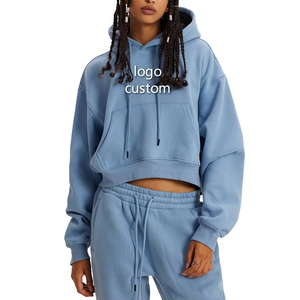 Venta al por mayor de las mujeres cordón suelto deporte recortado Sudadera con capucha personalizada de las mujeres Vintage ácido lavado Sudadera con capucha - Product Image 1