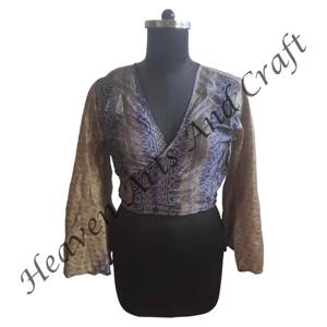 Top de corbata de seda multicolor, Top de seda reciclada para mujer, Top de abrigo de seda india, Top Hippie de manga de campana, Top de seda estilo Retro informal - Product Image 1