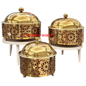 Chauffe-plat de luxe en métal doré avec dôme intérieur en bois, forme ronde, en acier inoxydable, design élégant - Product Image 4