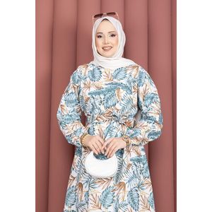Vestido de Talla Grande con Estampado Floral Turquesa, Volantes, Forro Transpirable, Estilo Casual, Cintura Fruncida, Disponible en Tallas XS a XL - Product Image 2
