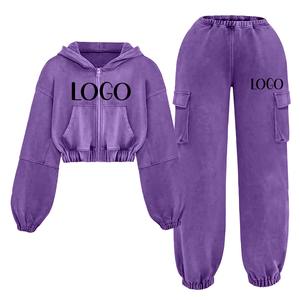 2025 Latest New Design Custom Hip Hop Acid Wash Zip Up Crop <b>Hoodie</b> And Baggy Sweatpants Tracksuit Comfortable Breathable - Product Image 2