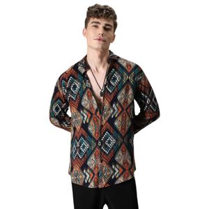Elegante camisa de plumas marroquíes con estampados vibrantes Slim Fit cuello regular dobladillo curvo antiarrugas cómodo llamativo - Product Image 2