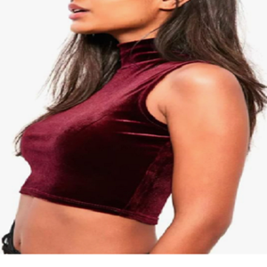 Top corto sin mangas de cuello alto de terciopelo para mujer, blusa elegante, top de terciopelo personalizado de verano para mujer - Product Image 2