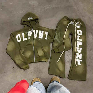 OEM Custom logo Sweatsuits Unisex Sets Stacked Jogger Sweat Pants 3d Foam Puff Print Zip up Flared Sweatpants and <b>Hoodie</b> Sets - Product Image 5