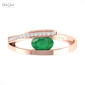 1 Ctw Natural Emerald Oval Cut Bypass Ring With Pave Set White Diamond 14K Solid Yellow Gold Private Label Jewelry Supplier