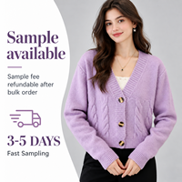 Cardigan boutonné pour femme FNJIA, lavande, manches longues, col en V, tricot torsadé, pull décontracté, fabricant de vêtements à marque privée